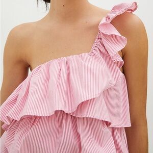 Maeve by Anthropologie Ruffled One-Shoulder Pink Striped Blouse